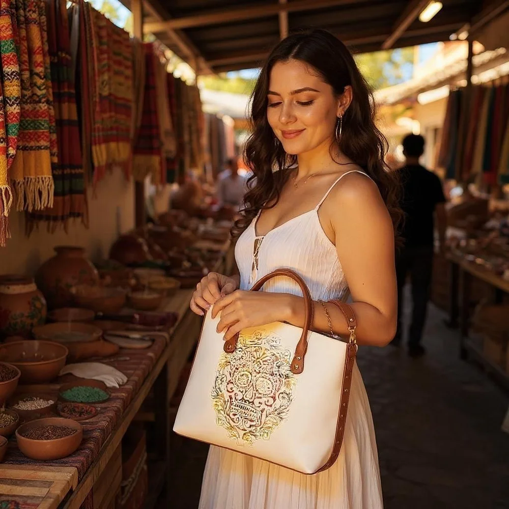 Sugar Skull Multicolor Embossed Tooled Artisan Bag Purse Tote Bolsa Artesanal